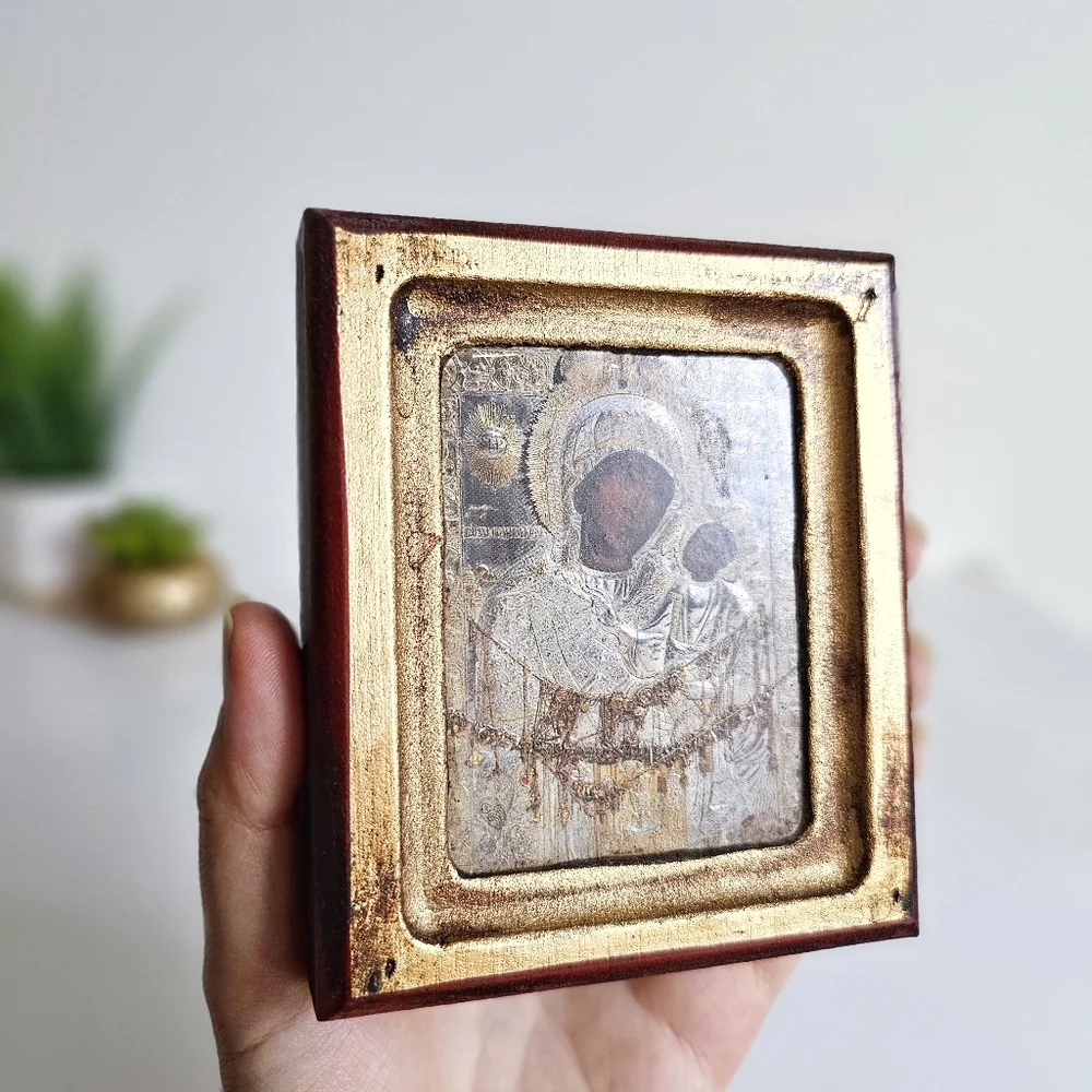 Byzantine Orthodox Icon Print Wood Gold-Tone Christian Religious Art